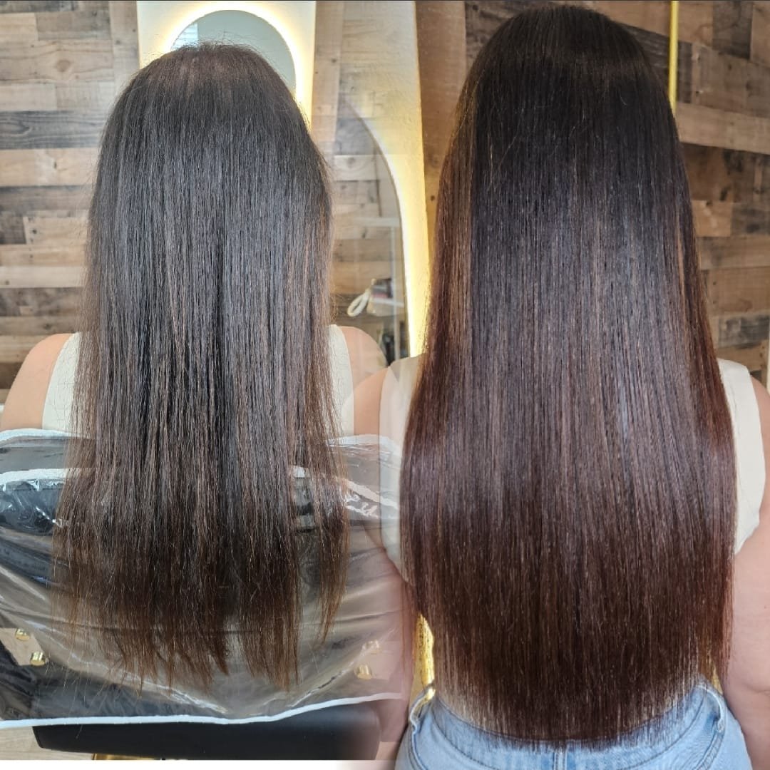 Before and after — dark hair extensions transformation