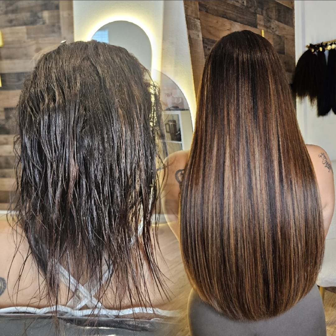 Before and after — caramel balayage hair extensions transformation