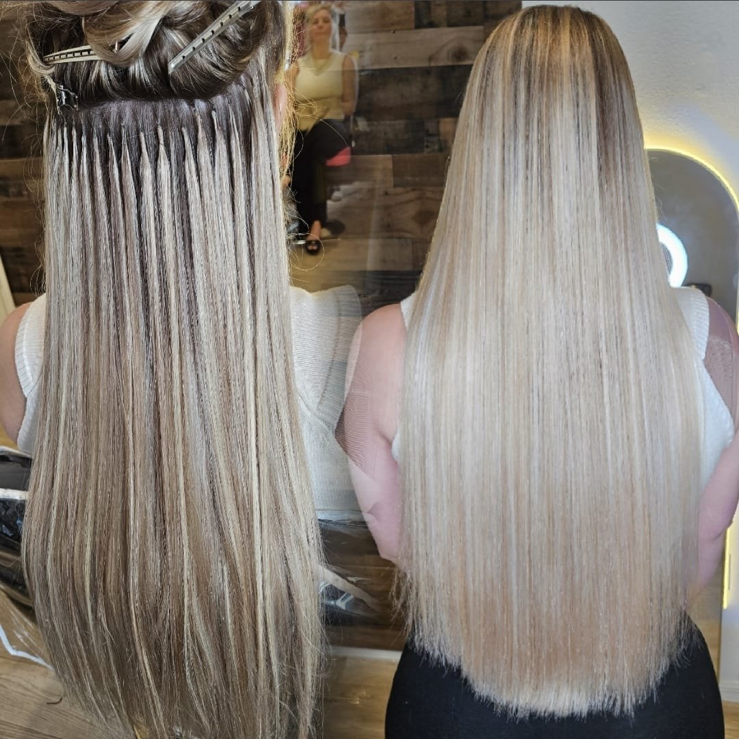 Before and after — blonde microlink hair extensions transformation