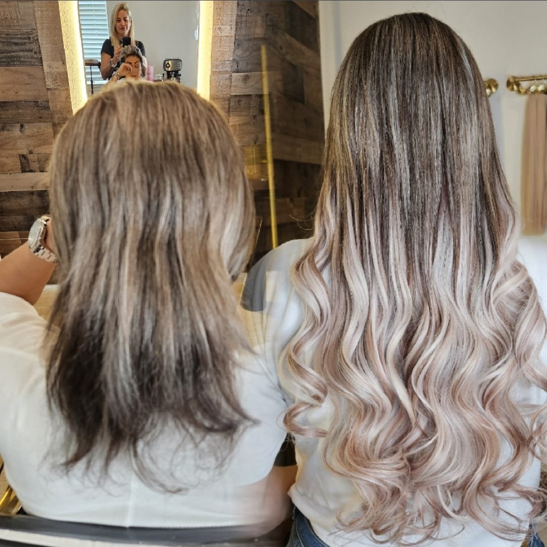 Before and after — blonde balayage waves hair extensions transformation